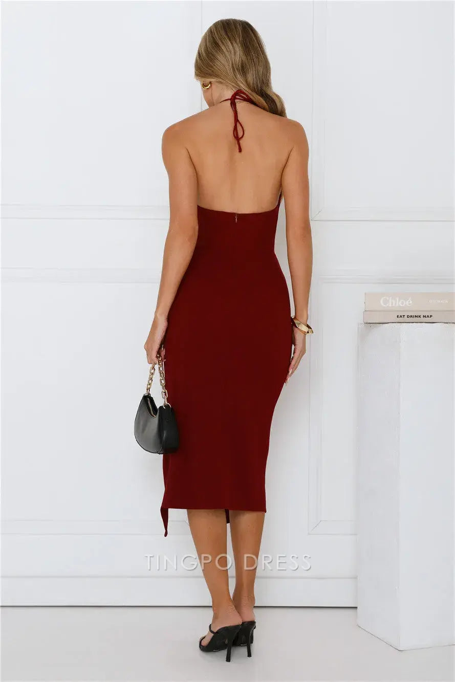 Elegant Halter Neck Cut - Out Midi Dress with Side Slit Prom Dress